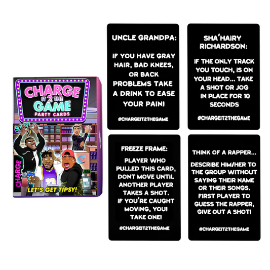 Charge It at the Game party cards set shown with the product box on the left and four example card faces on the right, all on a plain white background.