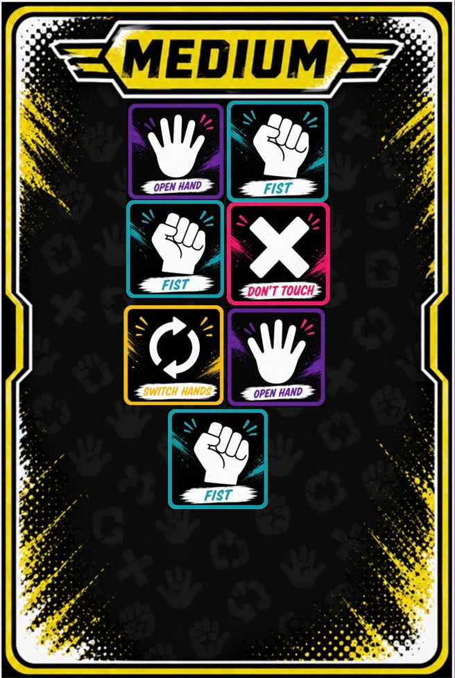 A digital graphic template or card design featuring a 'MEDIUM' label at the top, surrounded by six icon panels with hand gestures and symbols on a black background with gold and purple accents. The image is a screenshot showing a mobile application interface with a blue header and bottom editing tools.