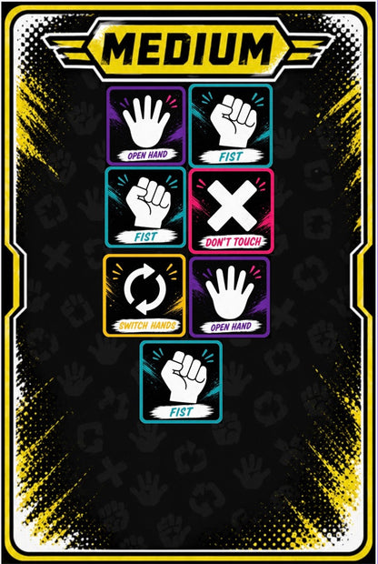 A digital graphic template or card design featuring a 'MEDIUM' label at the top, surrounded by six icon panels with hand gestures and symbols on a black background with gold and purple accents. The image is a screenshot showing a mobile application interface with a blue header and bottom editing tools.