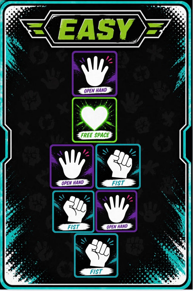 A digital graphic template featuring a comic-style 'EASY' card with various hand illustrations and text labels like 'GIVE ME A HAND' and 'FIST'. The template is shown on a mobile device screen with a light gray interface at the bottom.