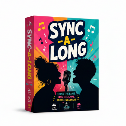Box for 'Sync-A-Long' music party game with silhouettes of two people and a microphone.