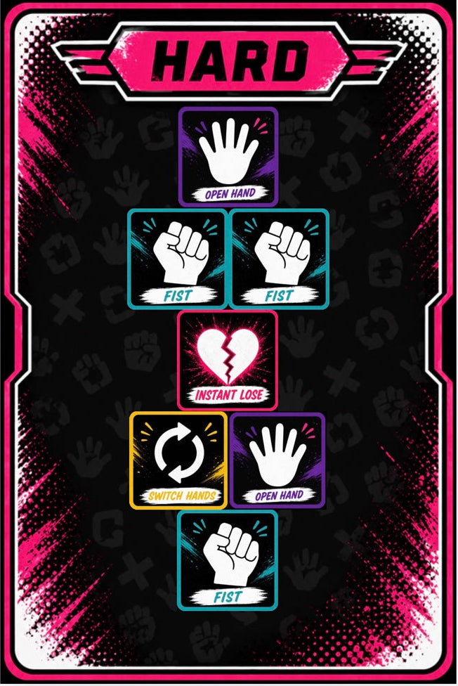 A digital graphic template featuring a 'HARD' design with various hand and heart icons on a black background with pink and purple accents, shown within a mobile app interface.