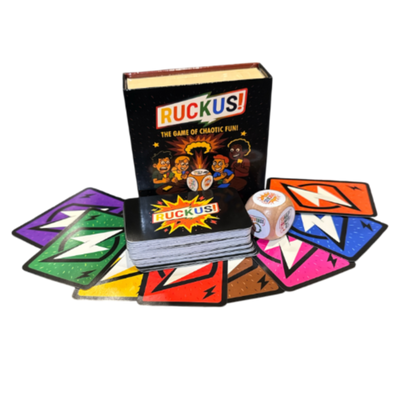 Ruckus party card game box with colorful lightning cards and the Chaos Die