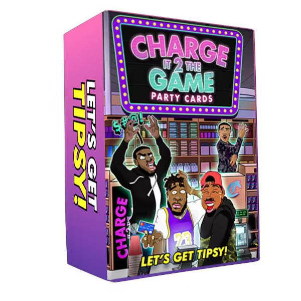 Charge It 2 The Game Let’s Get Tipsy party card game box, shown from the front and side